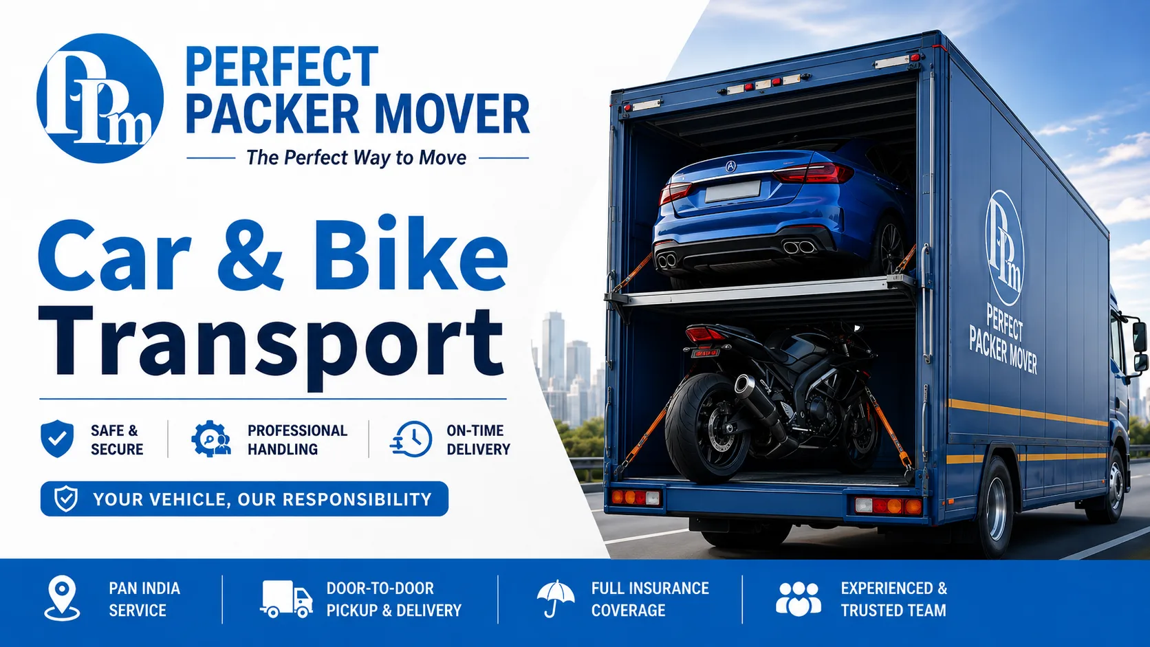 Car & Bike Transport banner by Perfect Packer Mover showing a blue car and a black motorcycle loaded inside a carrier truck.