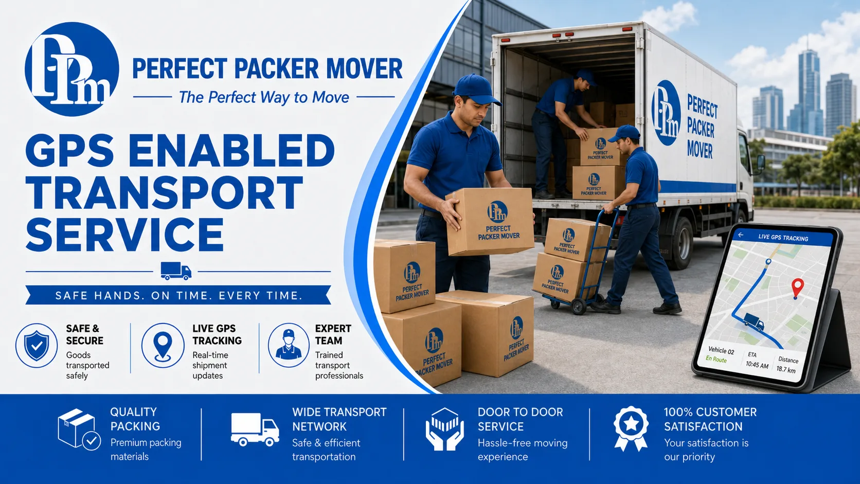 GPS Enabled Transport Service banner by Perfect Packer Mover showing a live vehicle tracking tablet next to movers loading a truck.