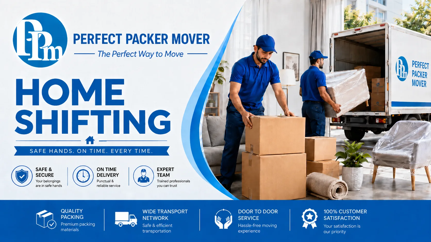 Professional home shifting service by Perfect Packer Mover with movers carrying boxes and loading household goods safely.