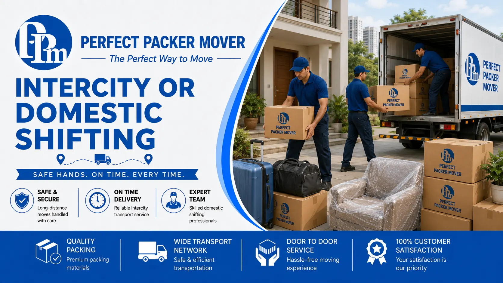 Intercity or Domestic Shifting banner by Perfect Packer Mover showing movers loading boxes and luggage into a transport truck.