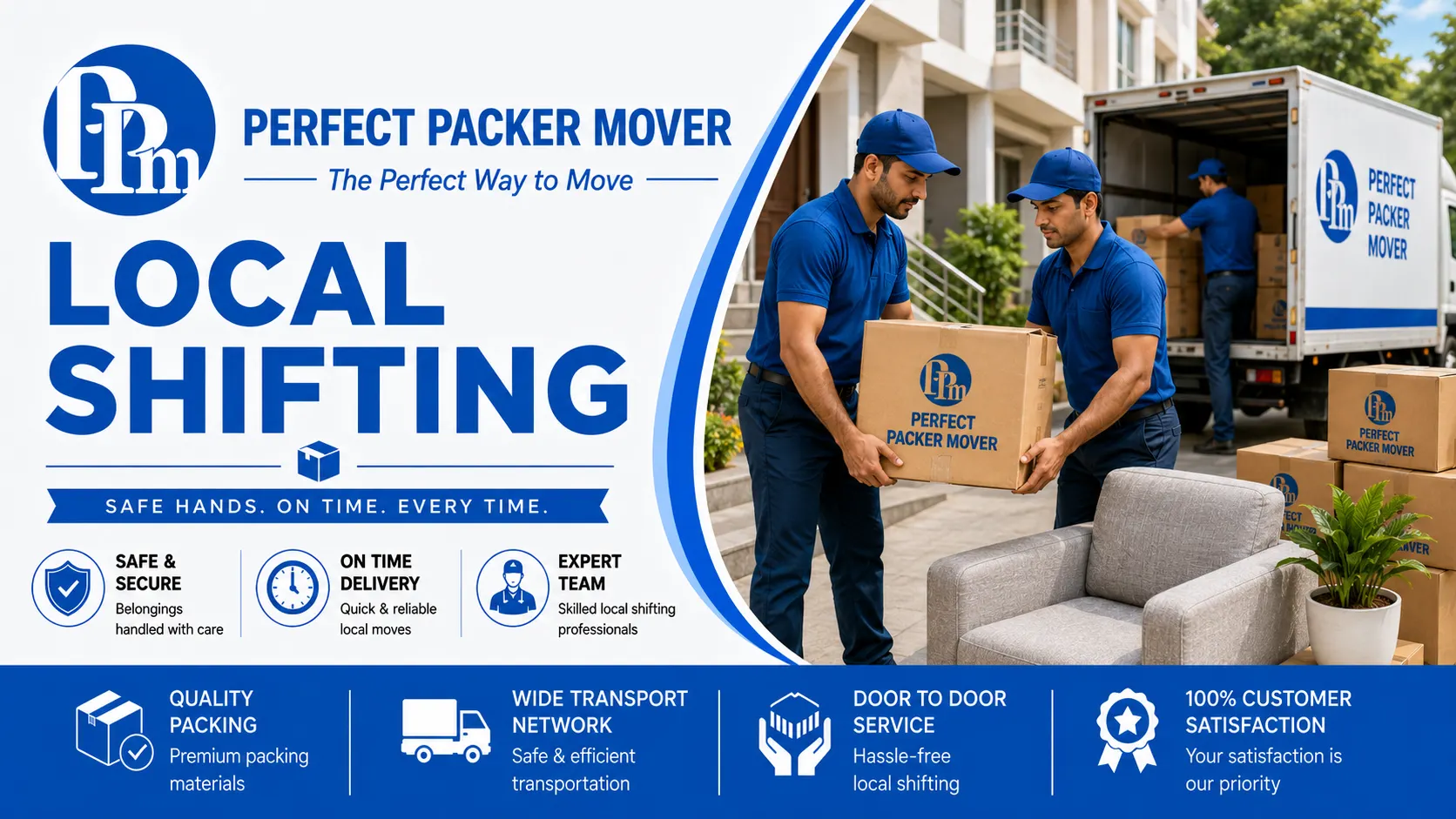 Local Shifting banner by Perfect Packer Mover showing uniformed staff packing boxes and loading a moving truck.