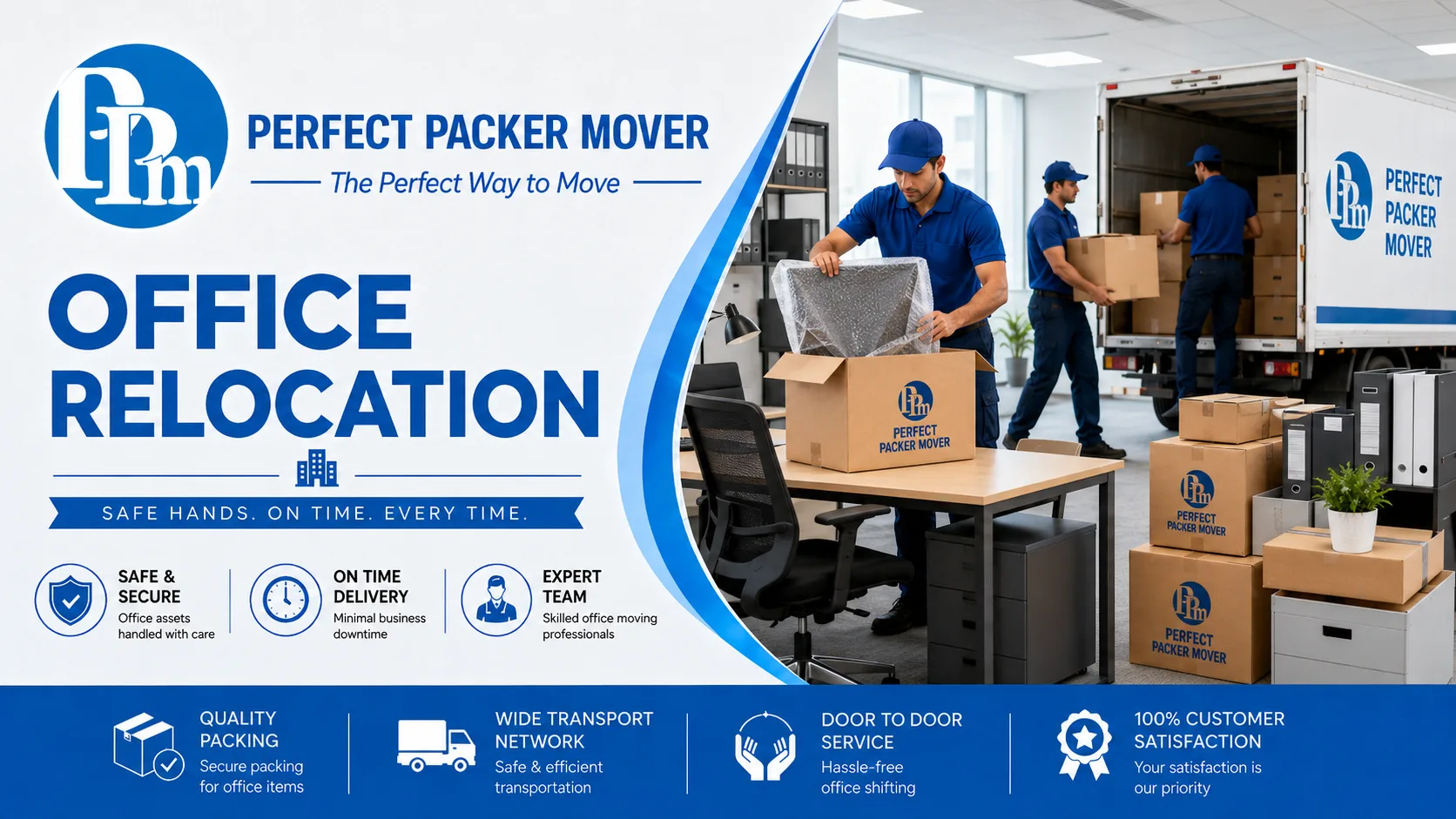 Office relocation service by Perfect Packer Mover with staff moving office chairs, boxes, and equipment safely.