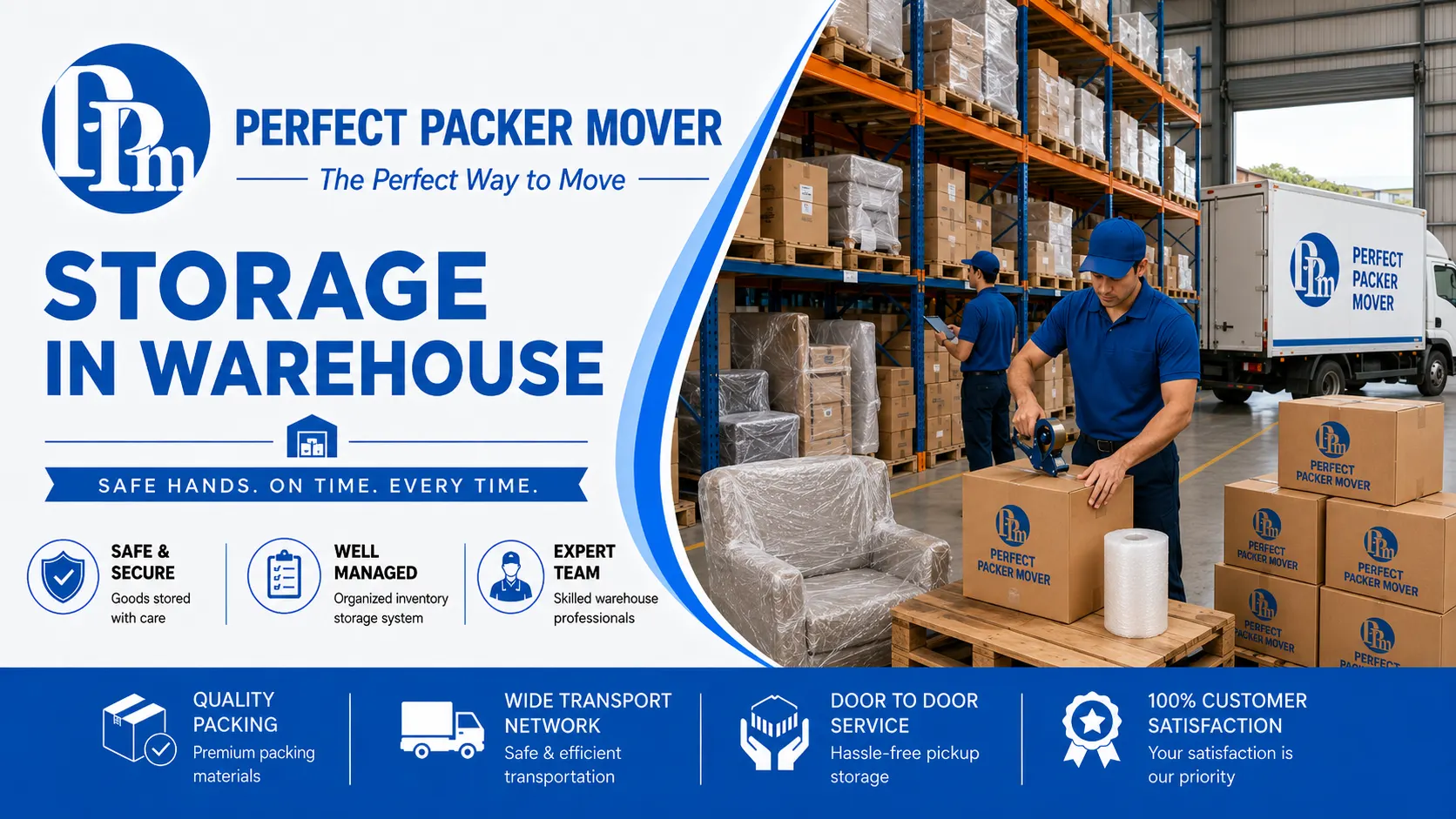 Warehouse storage service by Perfect Packer Mover with organized racks, packed boxes, and safely stored furniture.