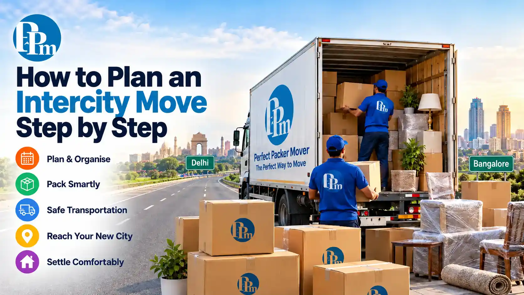 Intercity Relocation Guide – Perfect Packer Mover truck, loading team and packed household goods for an intercity move